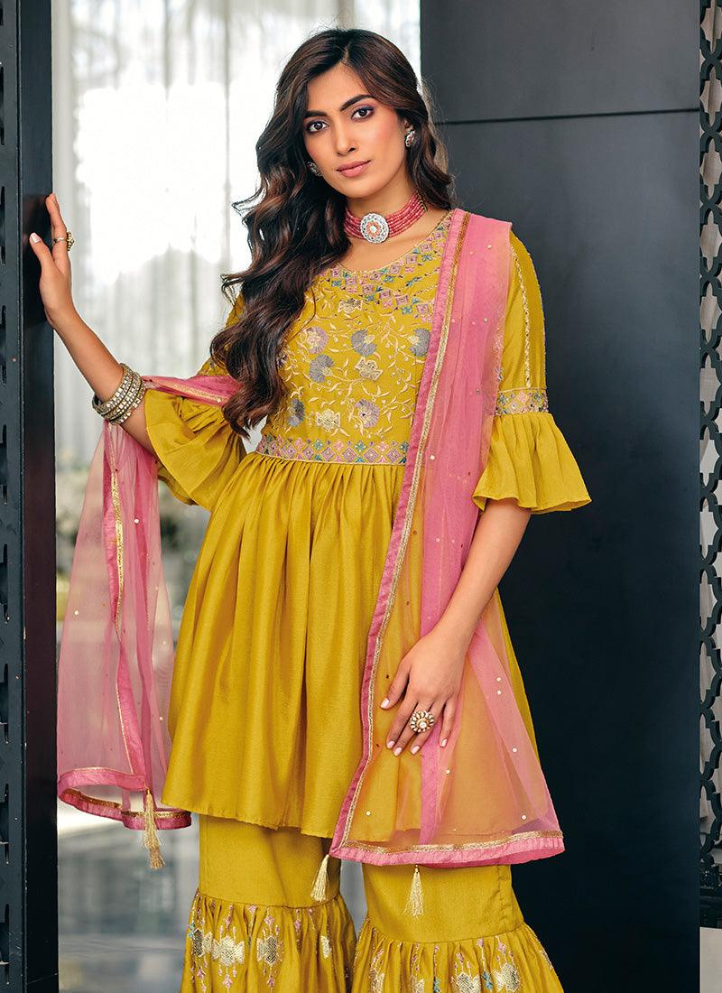 Heavy Embroidery And Sequins Work Mustard Festive Wear Sharara Suit Sale Finishline