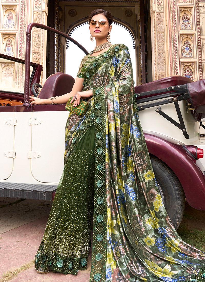 Mirror And Digital Print Embellished Mehendi Green Saree Free Shipping Best Pices