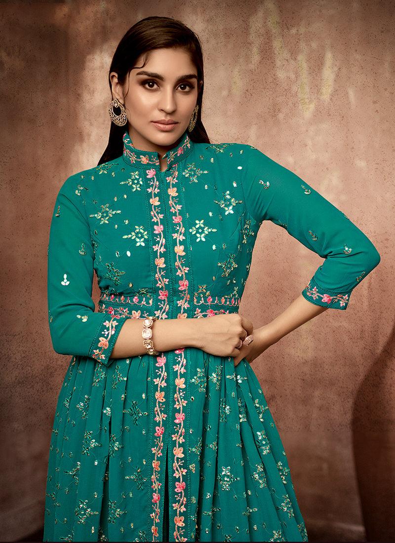 Georgette Embroidered Pine Green Slit Cut Suit Sale Best