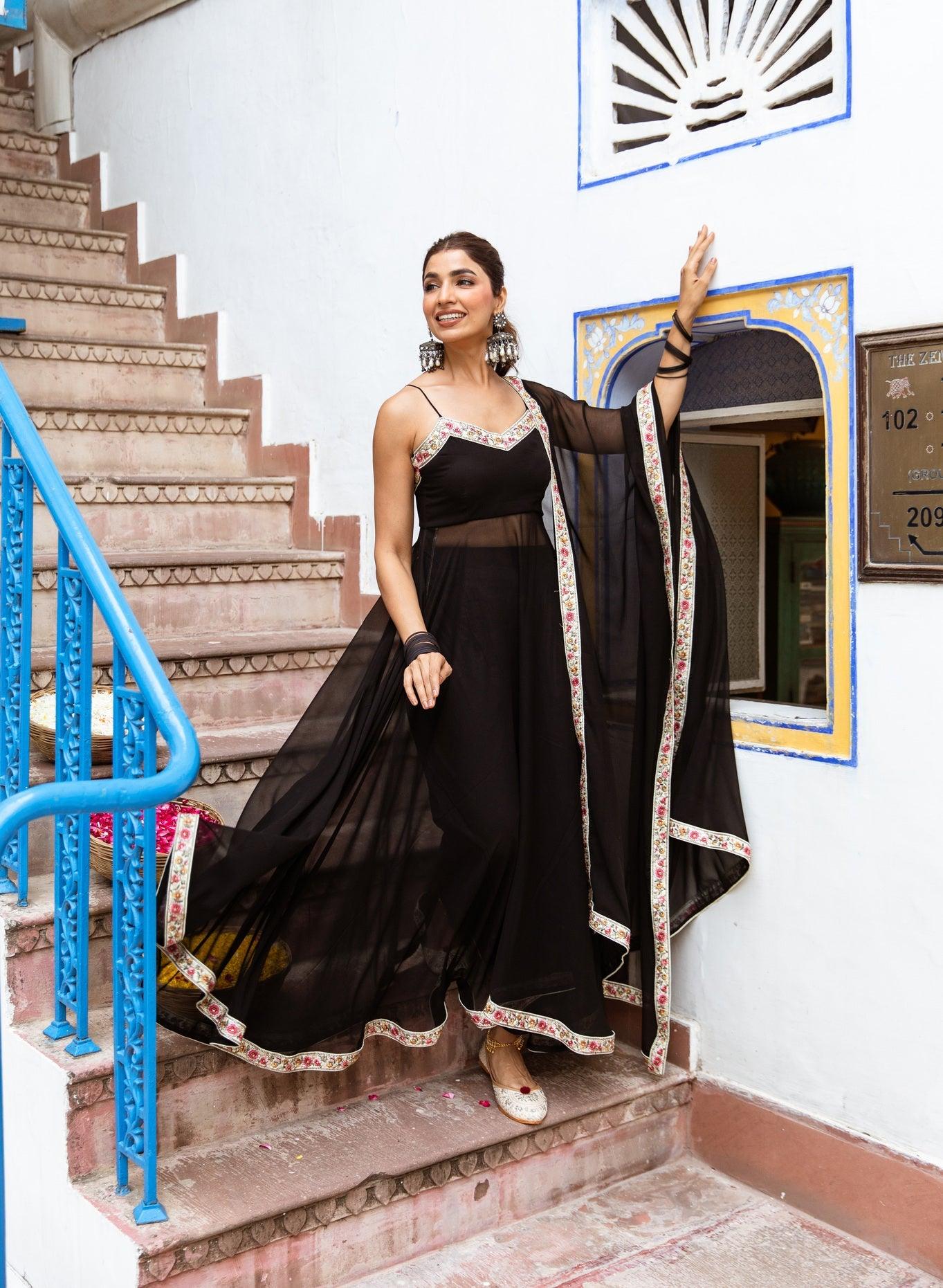 Black Georgette Solid readymade gown with dupatta Discount Wholesale