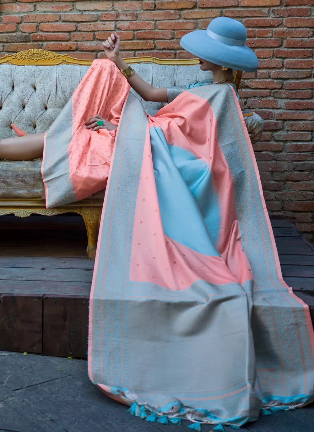 Classic Light Blue-Peach Handloom Silk Trendy Saree Buy Cheap Free Shipping