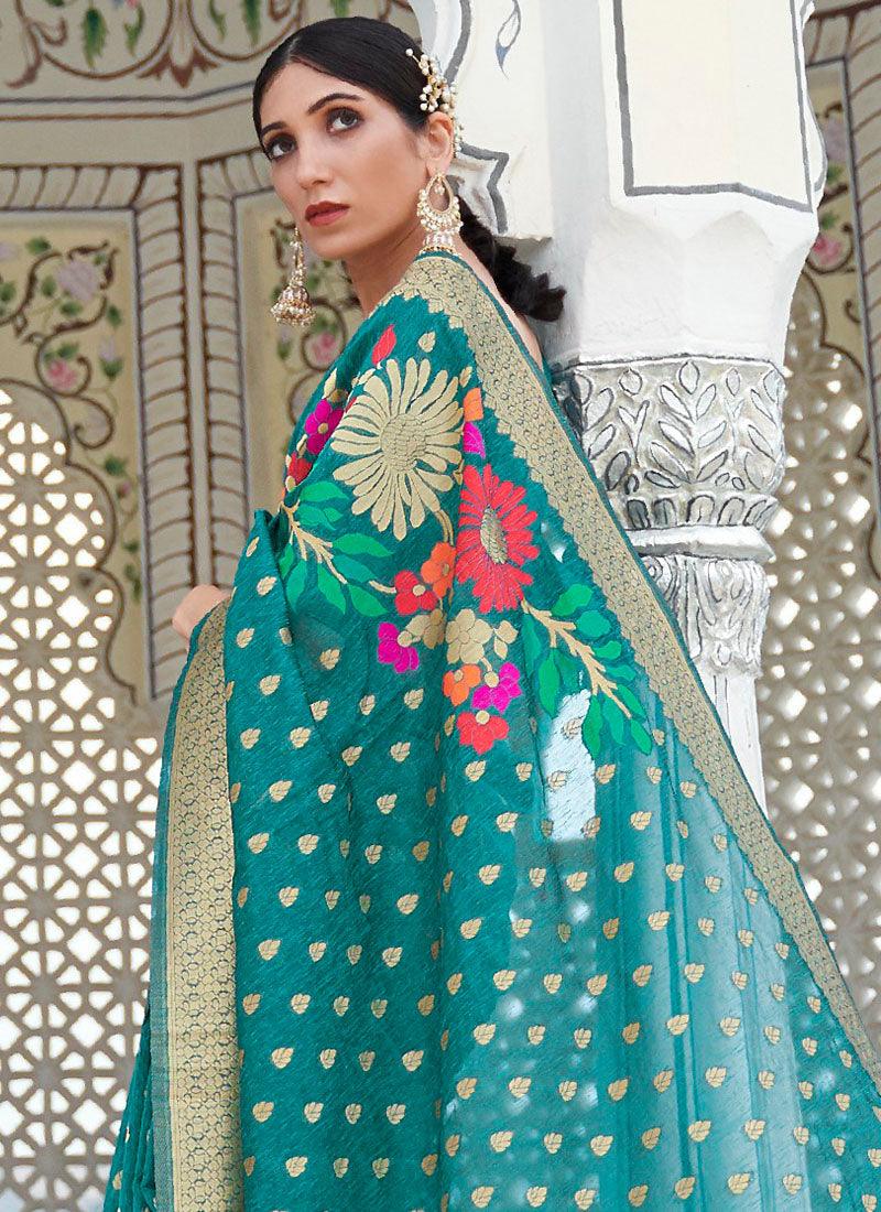 Enchanting Look Linen Fabric Green Color Silk Weave Embroidered Saree Outlet Online