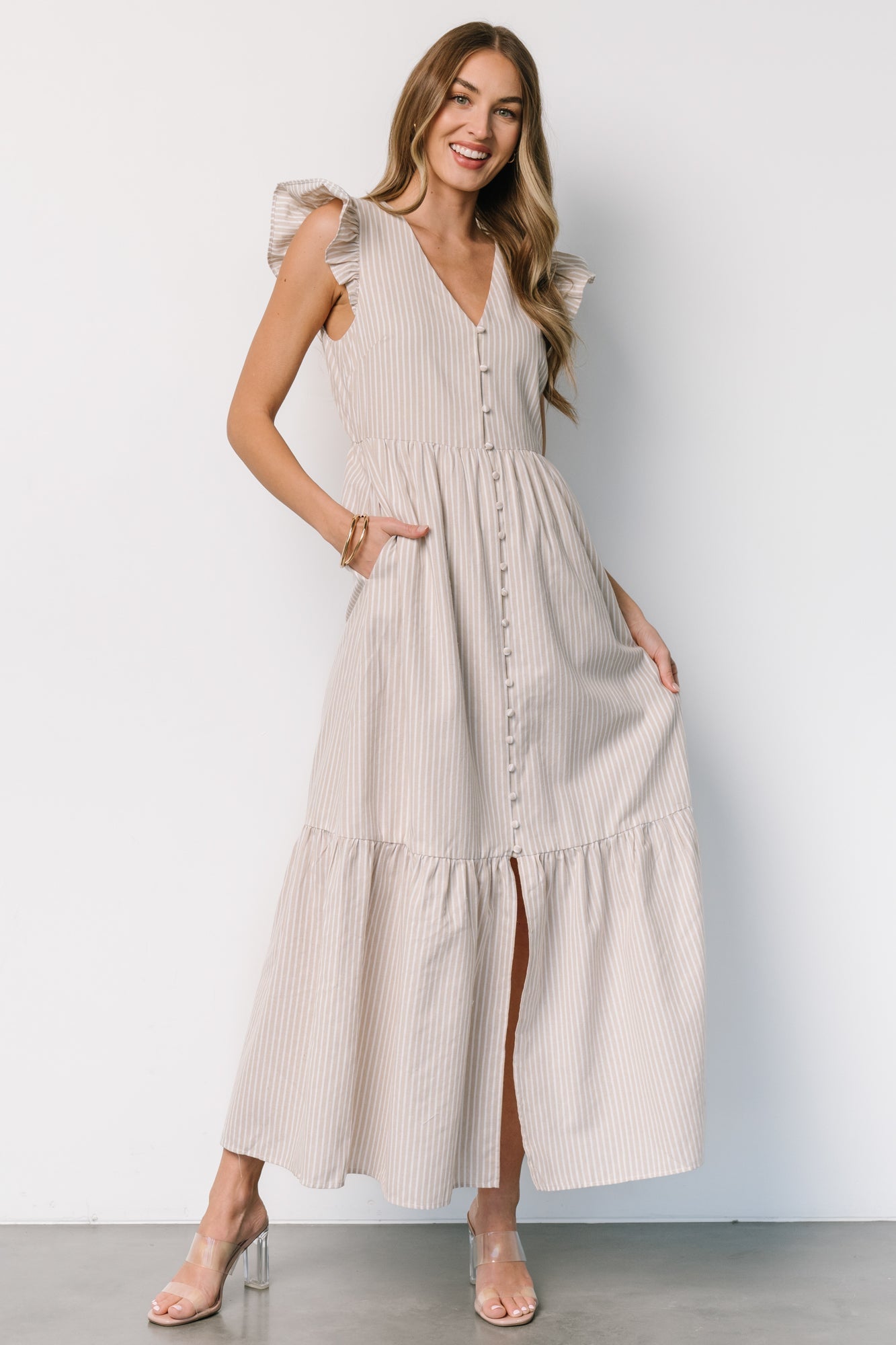 Hettie Button Maxi Dress | Beige Stripe Cheap Good Selling