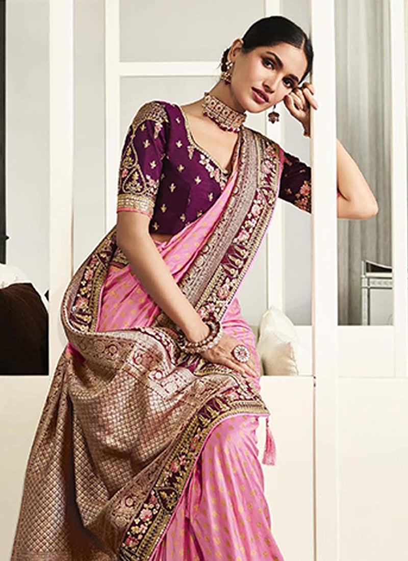 Heavy Work Pink Color Dola Silk Saree Cheap Sale New