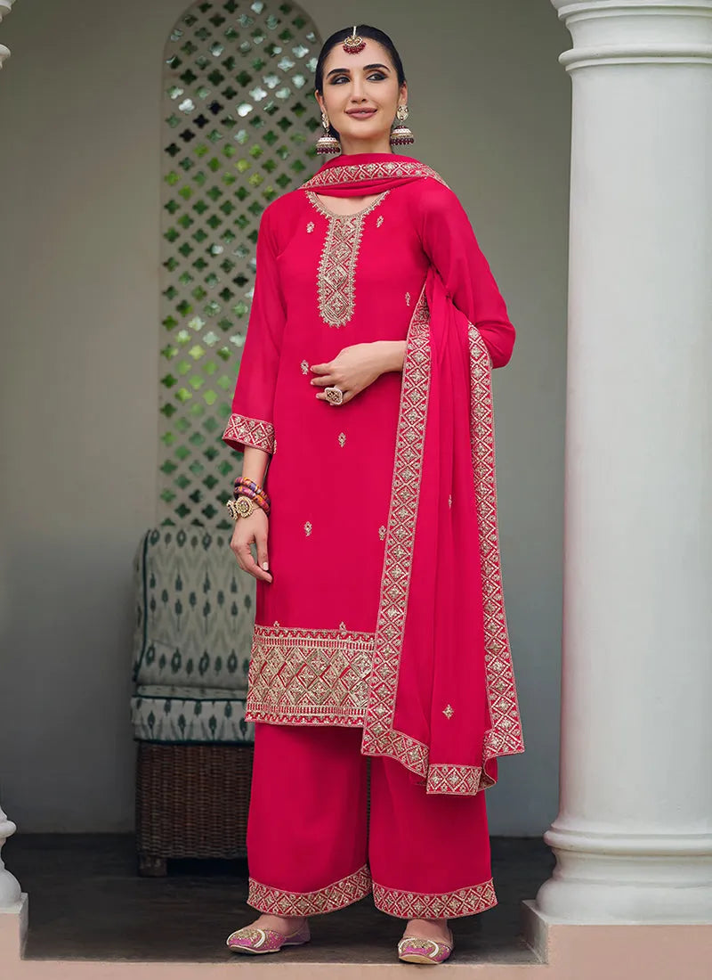 Mesmerizing Pink Embroidered Georgette Palazzo Suit Discount Fashionable