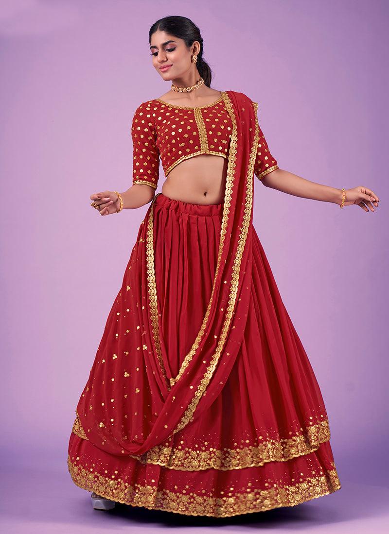 Zari With Sequins Red Georgette Chaniya Free Shipping For Sale