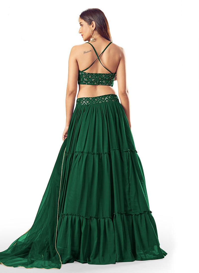 Green Color Georgette Base Ruffle Lehenga With Sequins Work Sleeveless Choli Deals