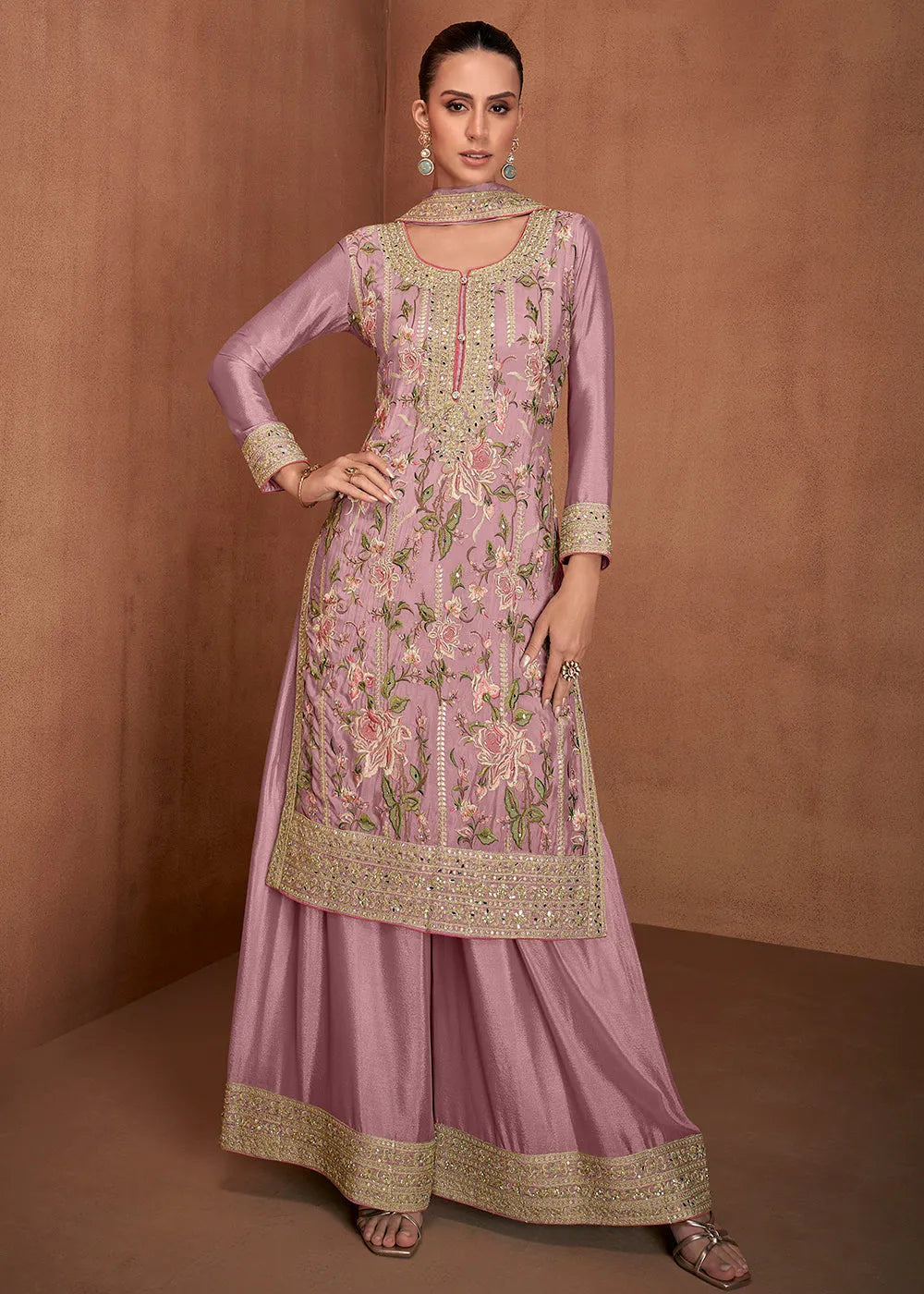 Glowing Mauve Chinon Palazzo Suit Very Cheap Pice