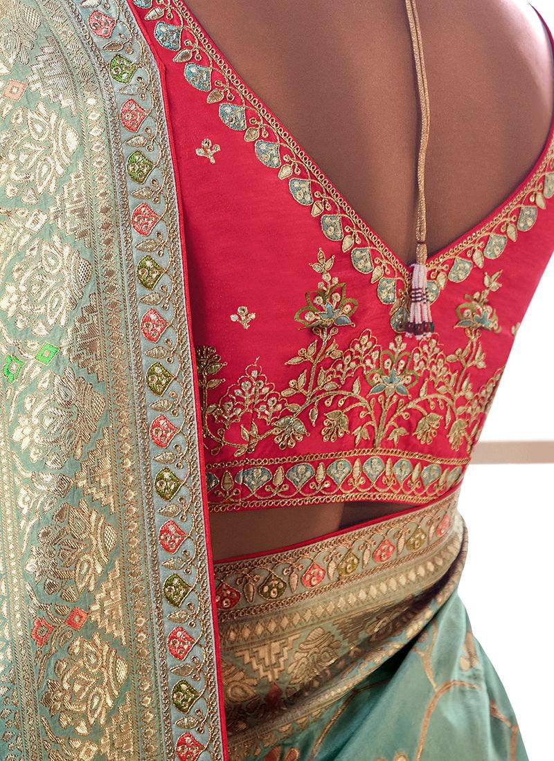 Embroidered Blouse Turquoise Dola Silk Saree Sale Purchase