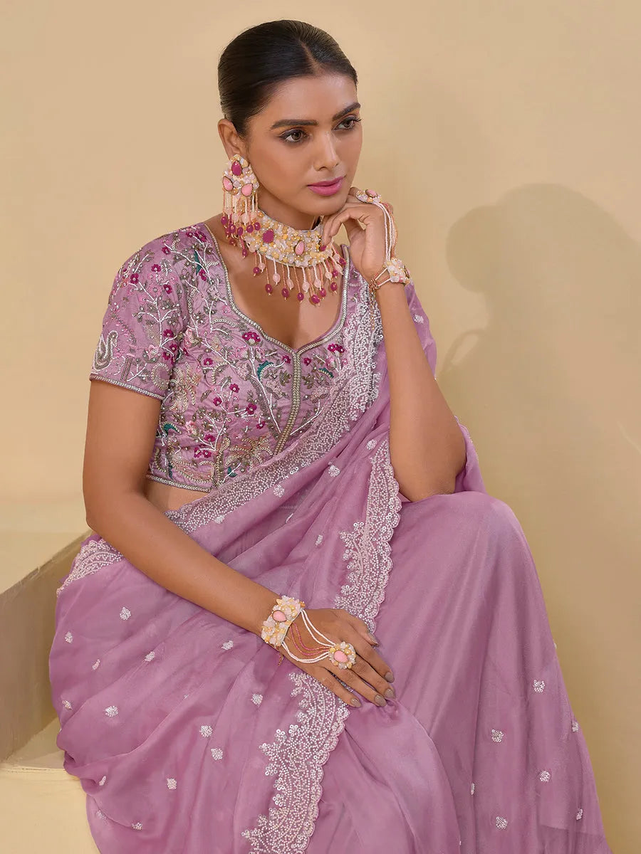 Magical Pink Banarasi Silk Embroidered Saree Lowest Pice