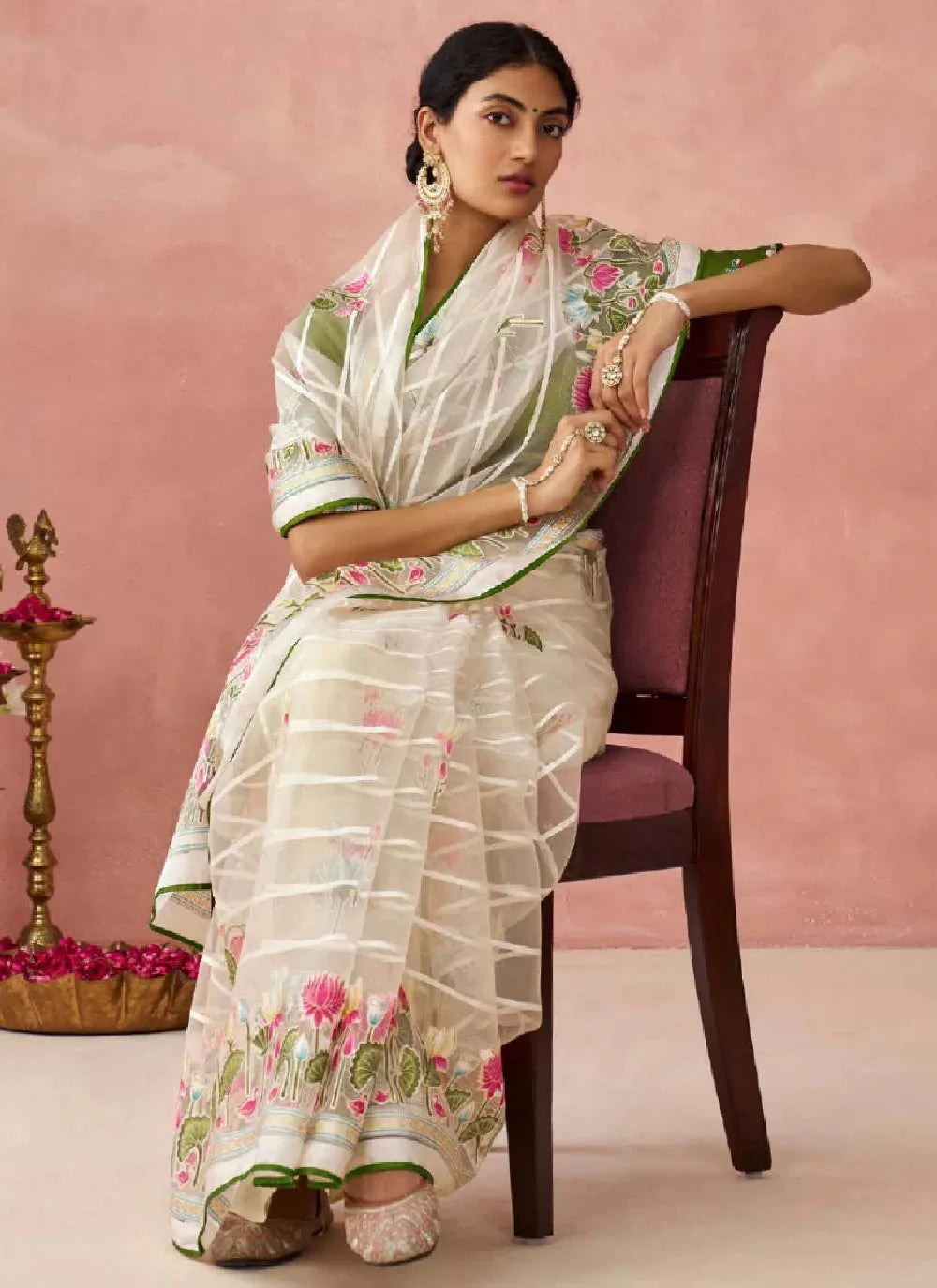 Off White Colored Printed Woven Worked Designer Saree Recommend