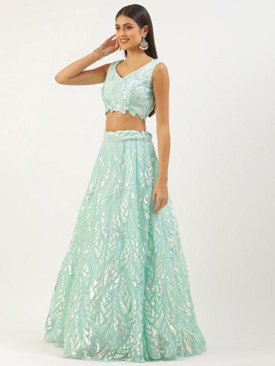 Light Blue color net Sequined flared lehenga choli with belt Cheap Sale Footaction