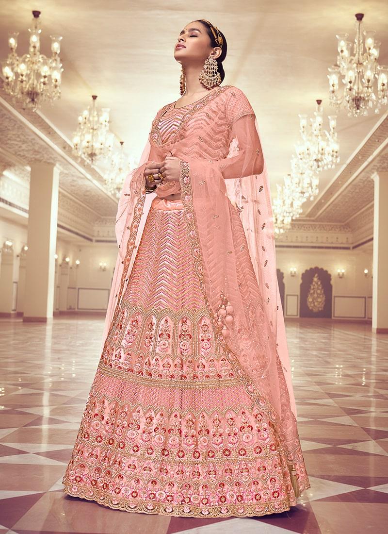 Heavy Zarkan And Mirror Work Peach Color Bridesmaid Lehenga Choli For Nice Online