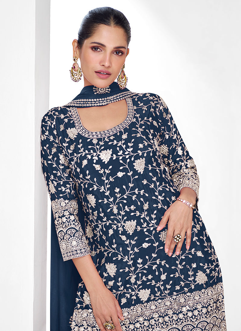 Dazzling Dark Blue Traditional Embroidered Palazzo Suit Cheap From China