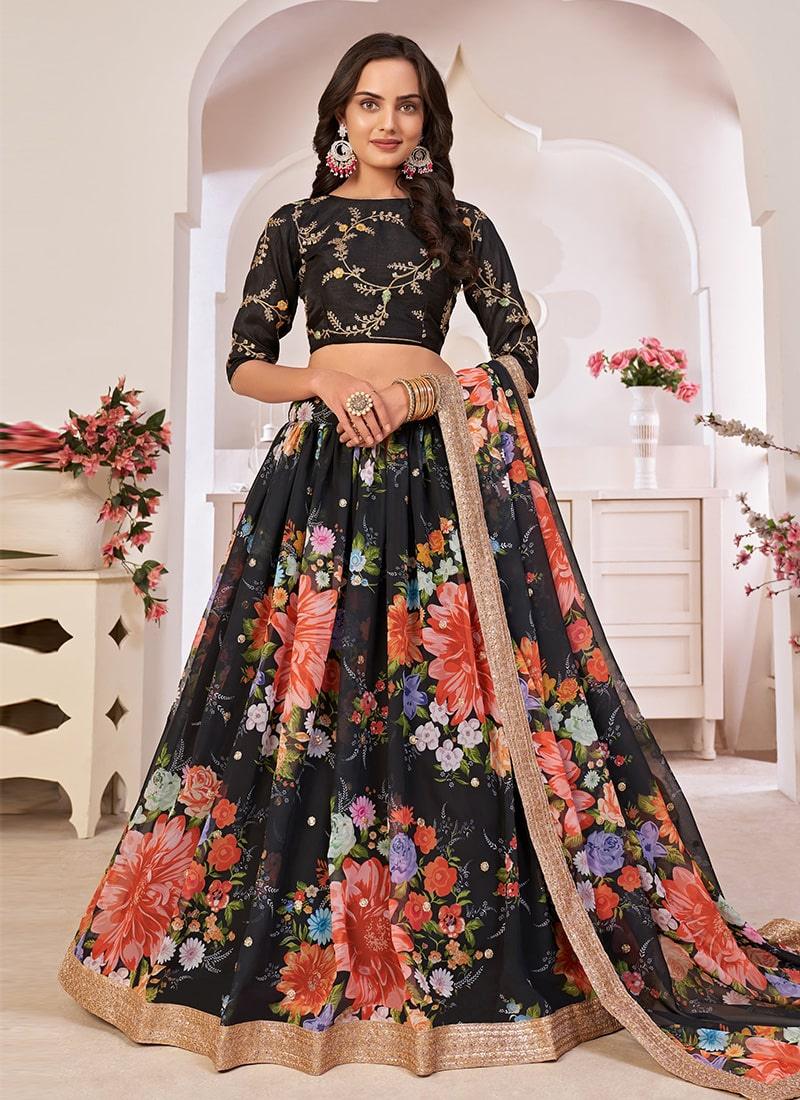 Black Color Georgette Base Sequins Work Floral Print Lehenga Clearance Classic