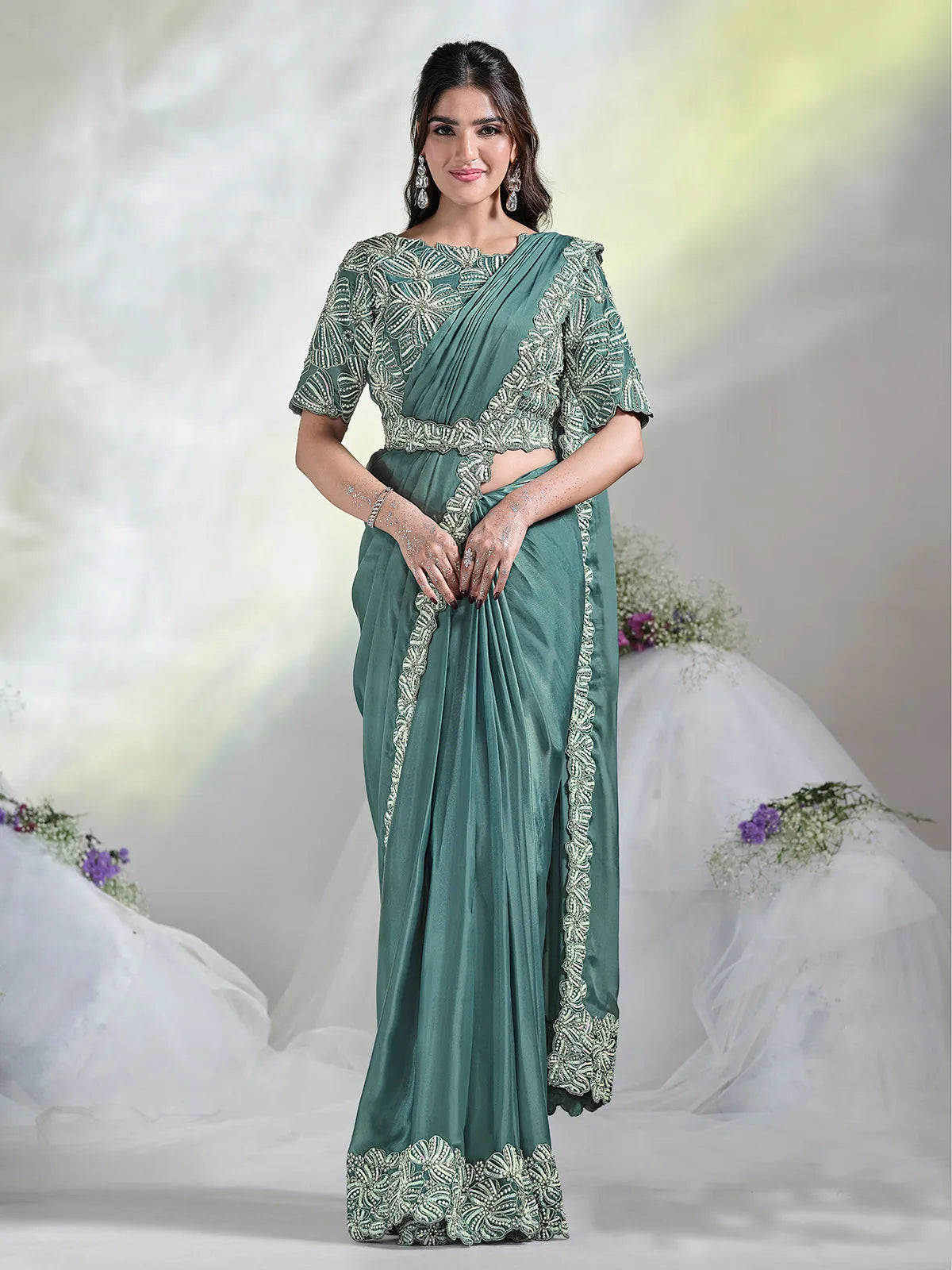 Amazing Aqua Blue Ready To Wear Crepe Satin Silk Saree Perfect Sale Online