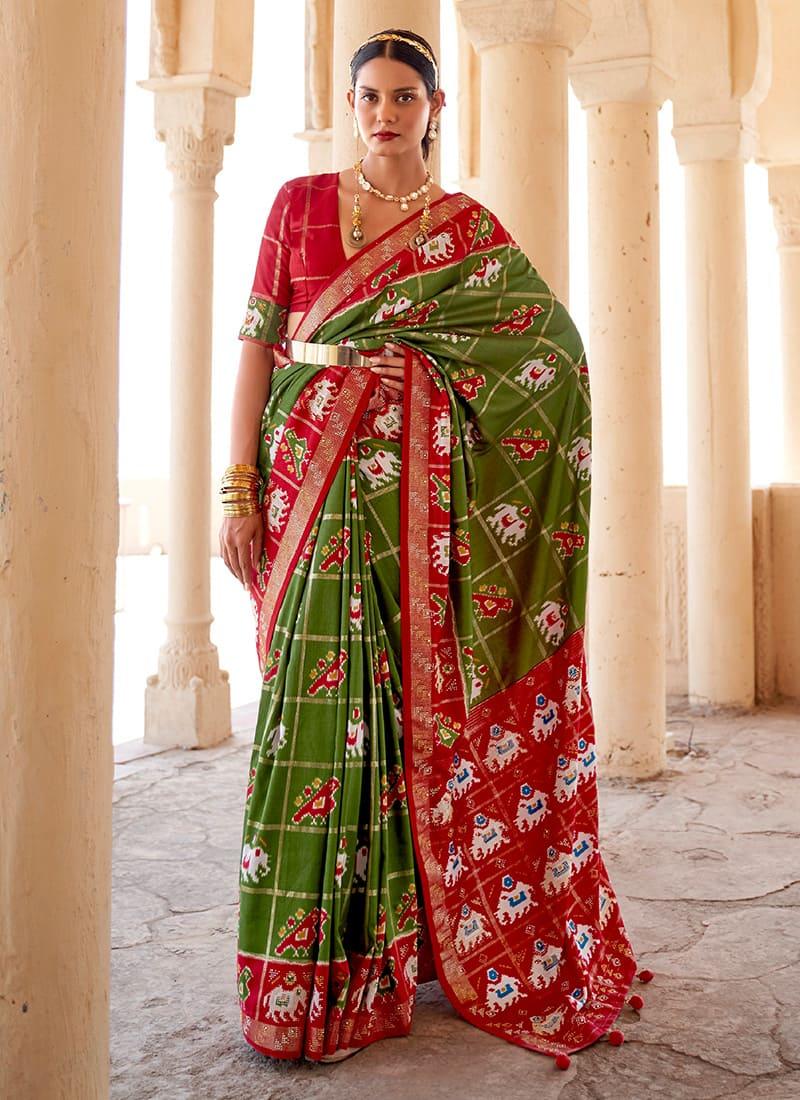 Low Cut Neck Blouse With Green Patola Saree 100% Authentic Sale Online