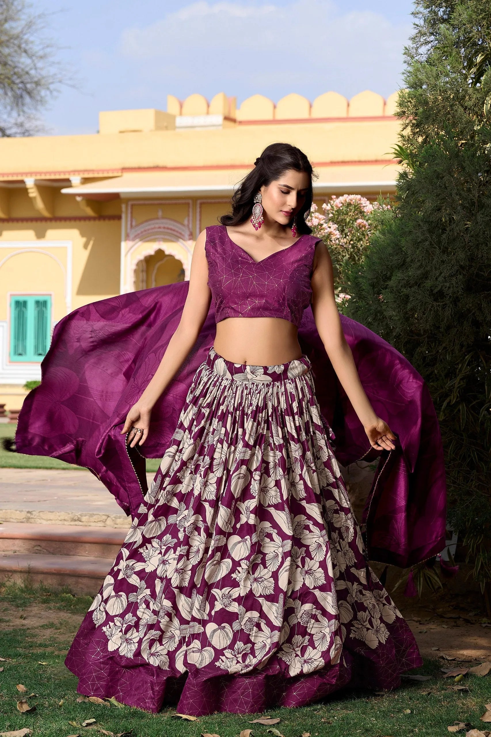 Wonderful Wine Tussar Silk Floral Printed Lehenga Choli Set Best Seller