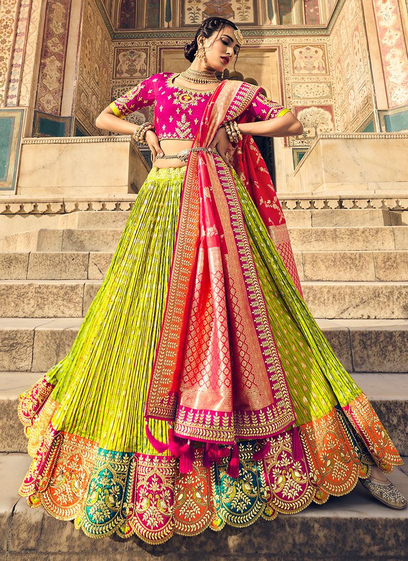 Heavy Embroidery Work Green Crushed Lehenga Discount Sale Online