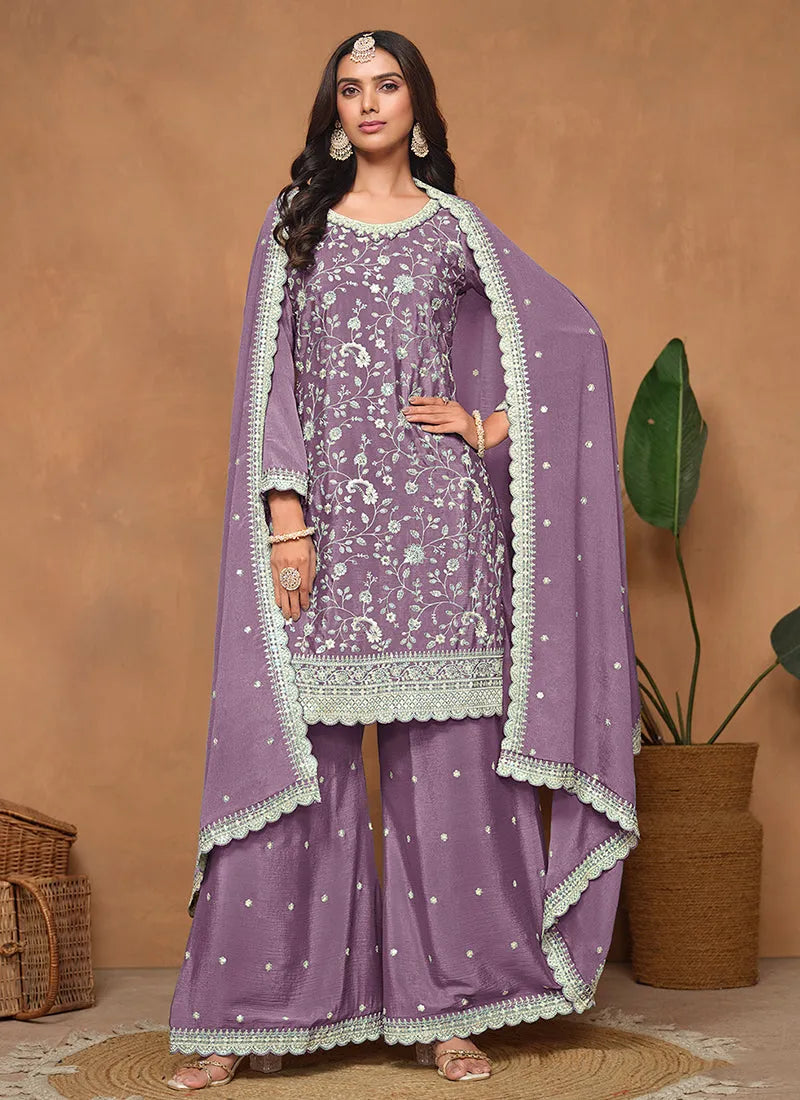 Purple Sequins Embroidered Chinon Festival Wear Top Palazzo Suit Best Place Sale Online