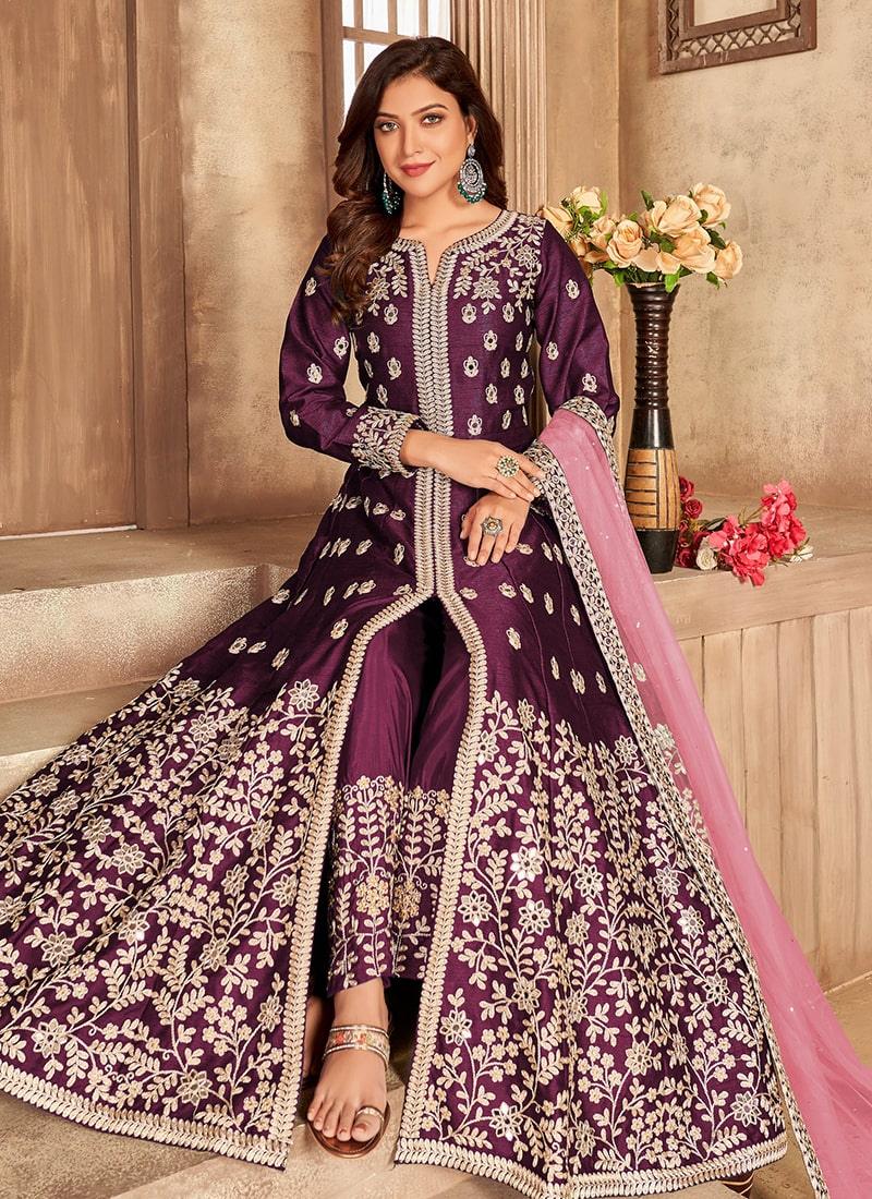 Purple Color Art Silk Fabric Mirror Work Full Sleeves Slit-Cut Salwar Suit Cheap Sale Low Pice Fee Shipping