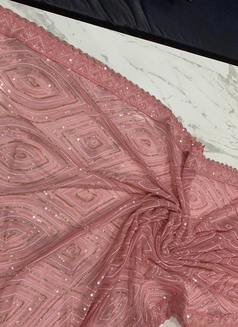 Pink Color Georgette Fabric Sequined Work Embroidered Saree Clearance Clearance