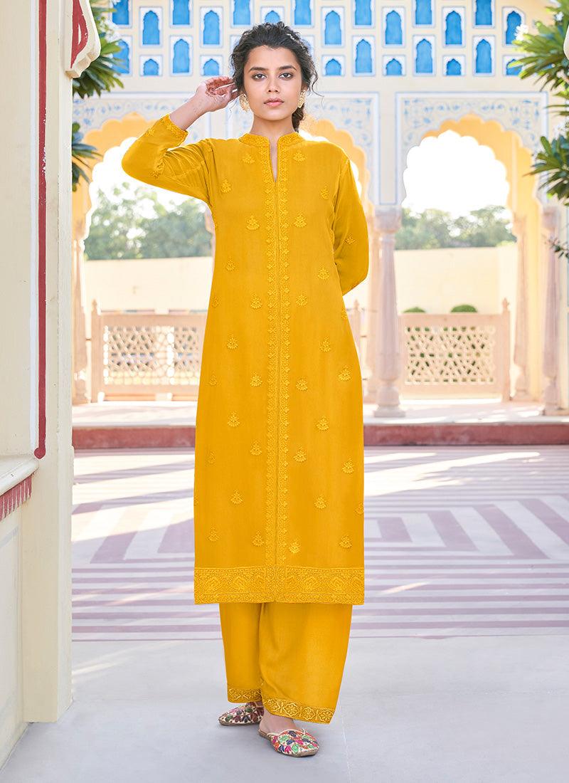 Embroidery Work Band Collar Yellow Kurti Authentic For Sale