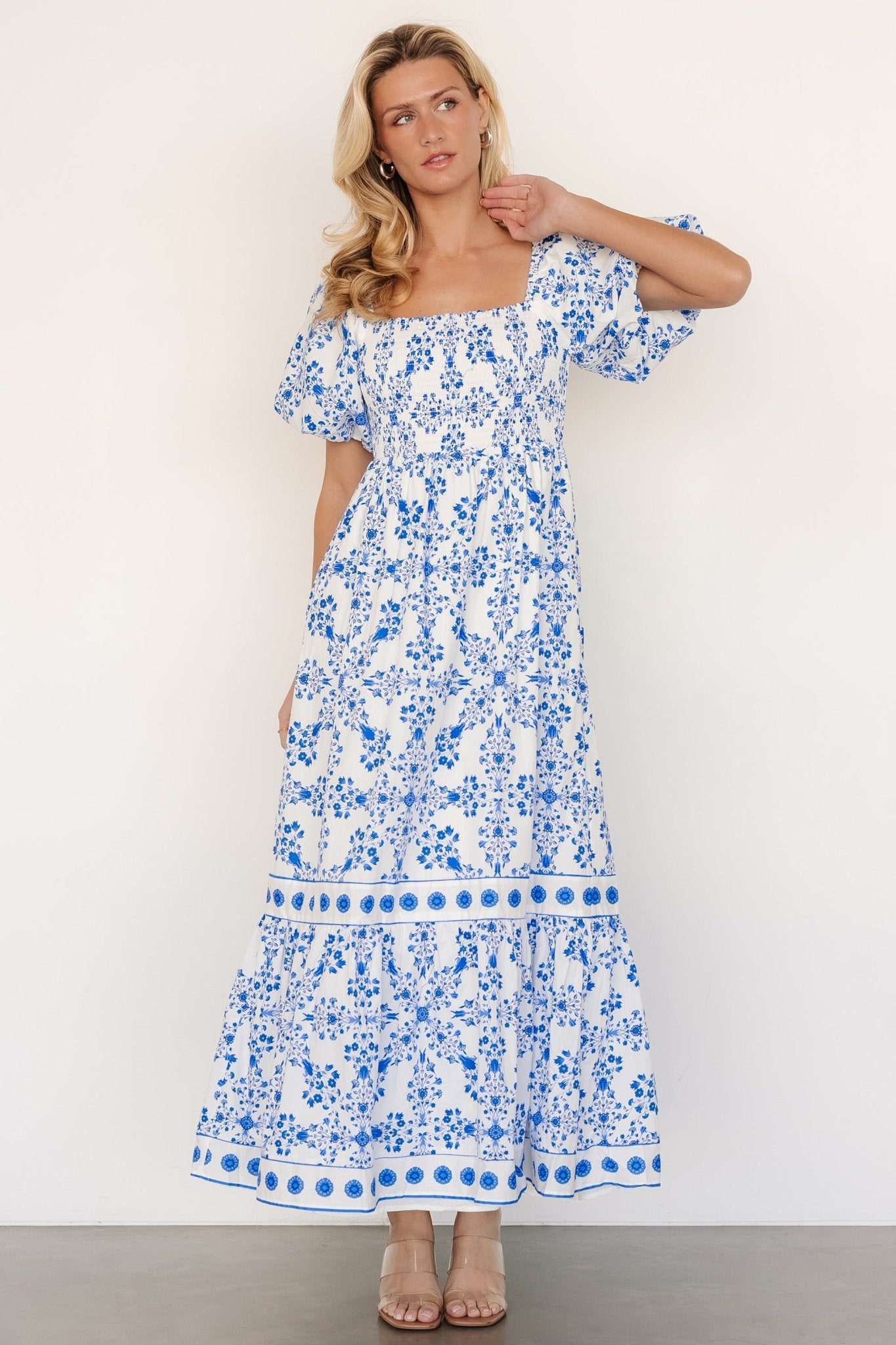 Lexa Smocked Maxi Dress | Off White + Blue Floral Clearance Outlet