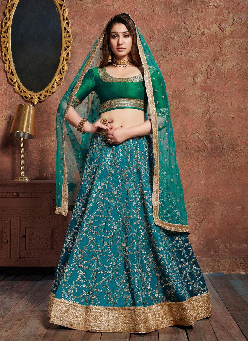 Incredible Green And Blue Art Silk Base Designer Flared Lehenga Choli Sale Affordable