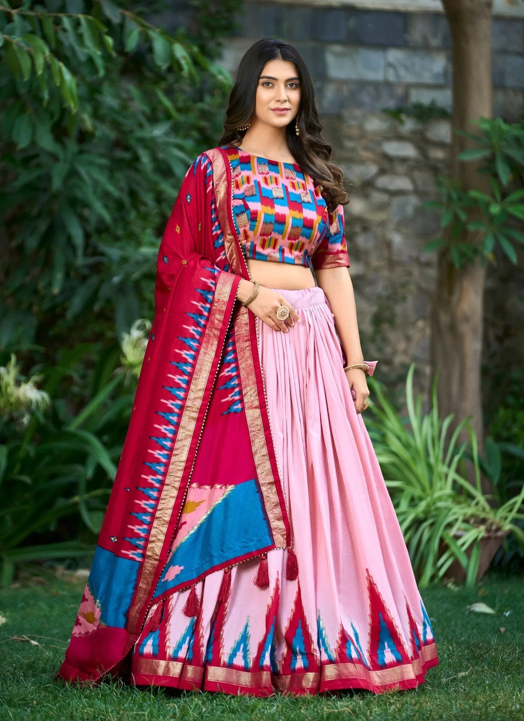 Precious Peach Tussar Silk Printed Foil Worked Lehenga Choli Buy Cheap Manchester