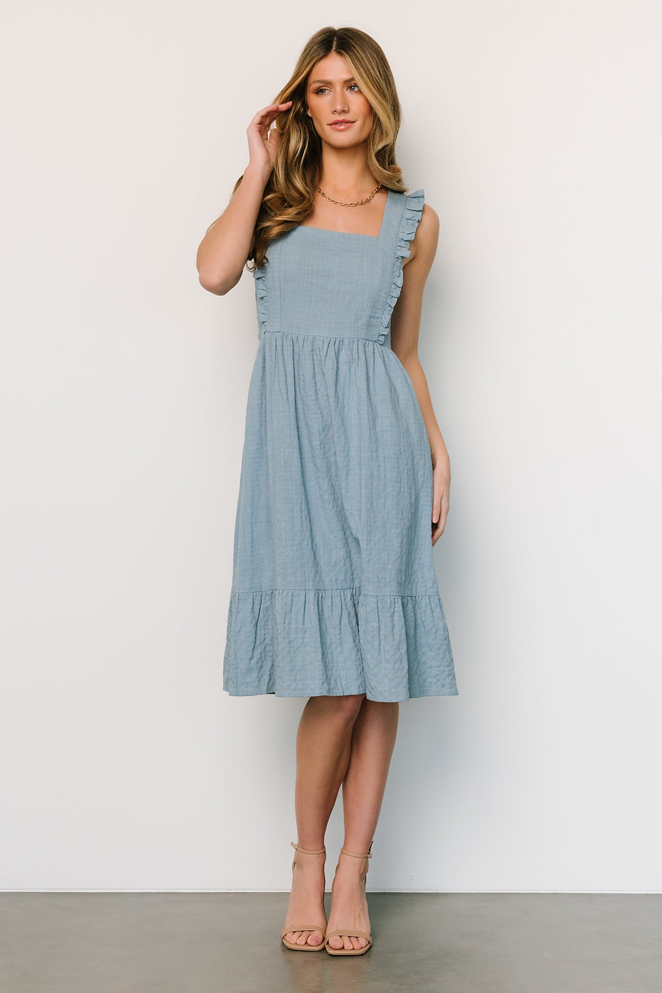 Gretta Ruffle Tie Back Midi Dress | Dusty Blue Cheap Pice Top Quality