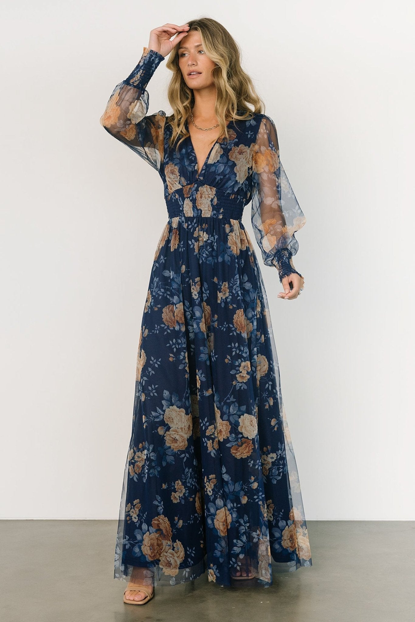 Layla Tulle Maxi Dress | Blue + Golden Floral For Sale Wholesale Pice