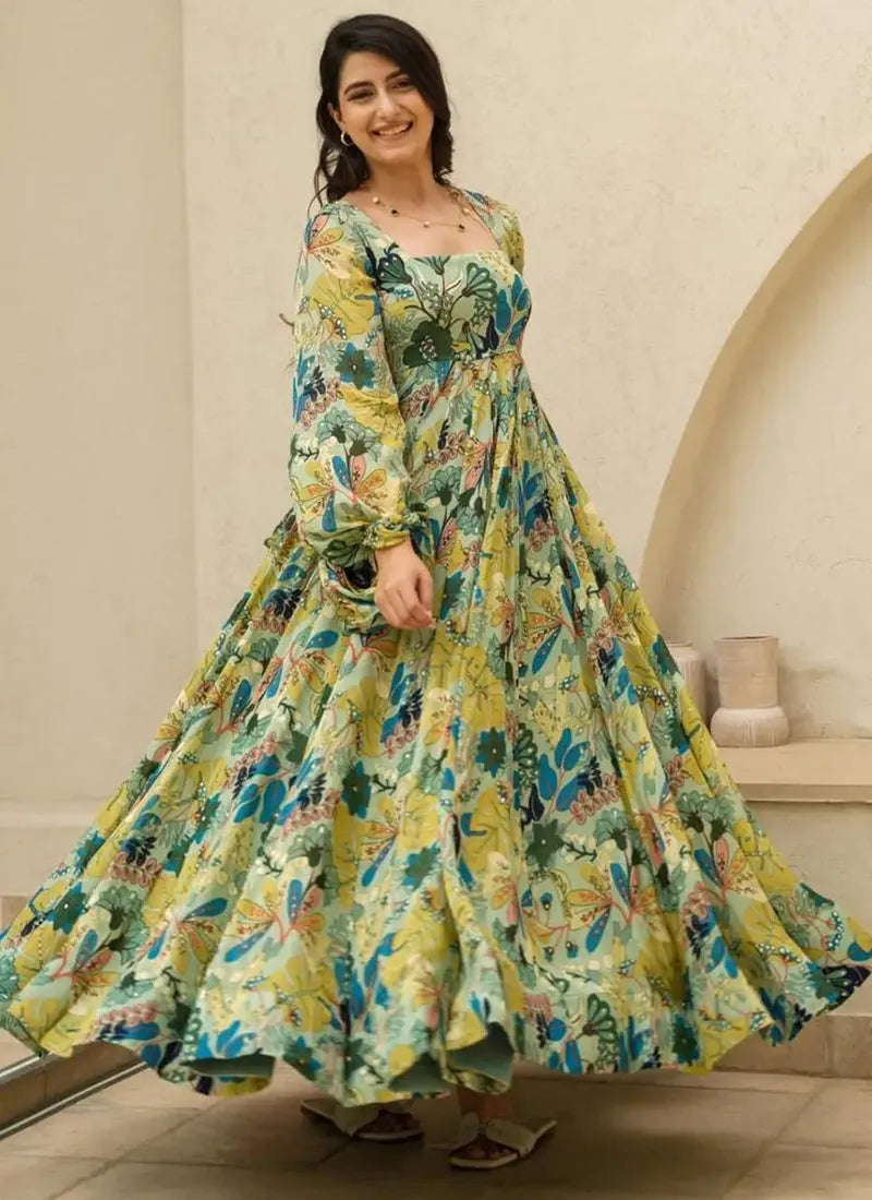 Multi Colored Digital Printed Fully Flared Gown Get Authentic For Sale