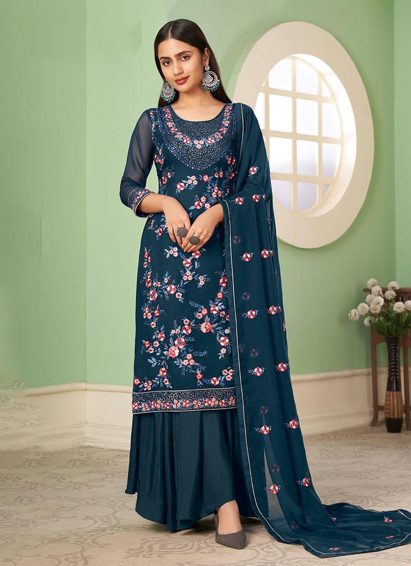 Teal Blue Georgette Palazzo With Dupatta Geniue Stockist Cheap Online