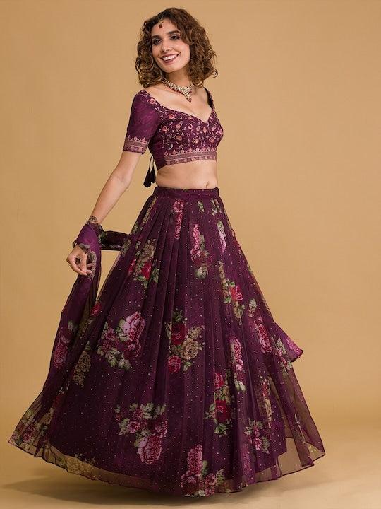 Purple Organza printed embroidered Flared Lehenga choli Buy Cheap Footlocker