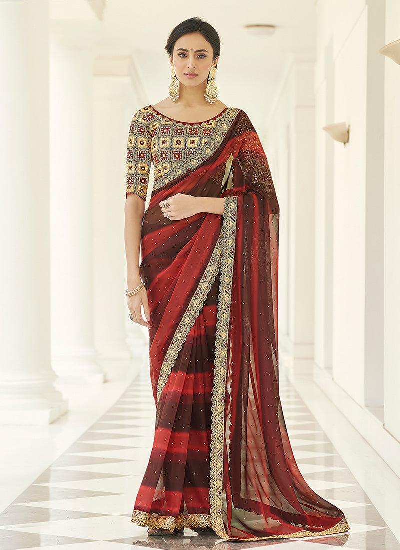 Red Color Organza Fabric Resham And Gota Work Saree With Paypal Sale Online