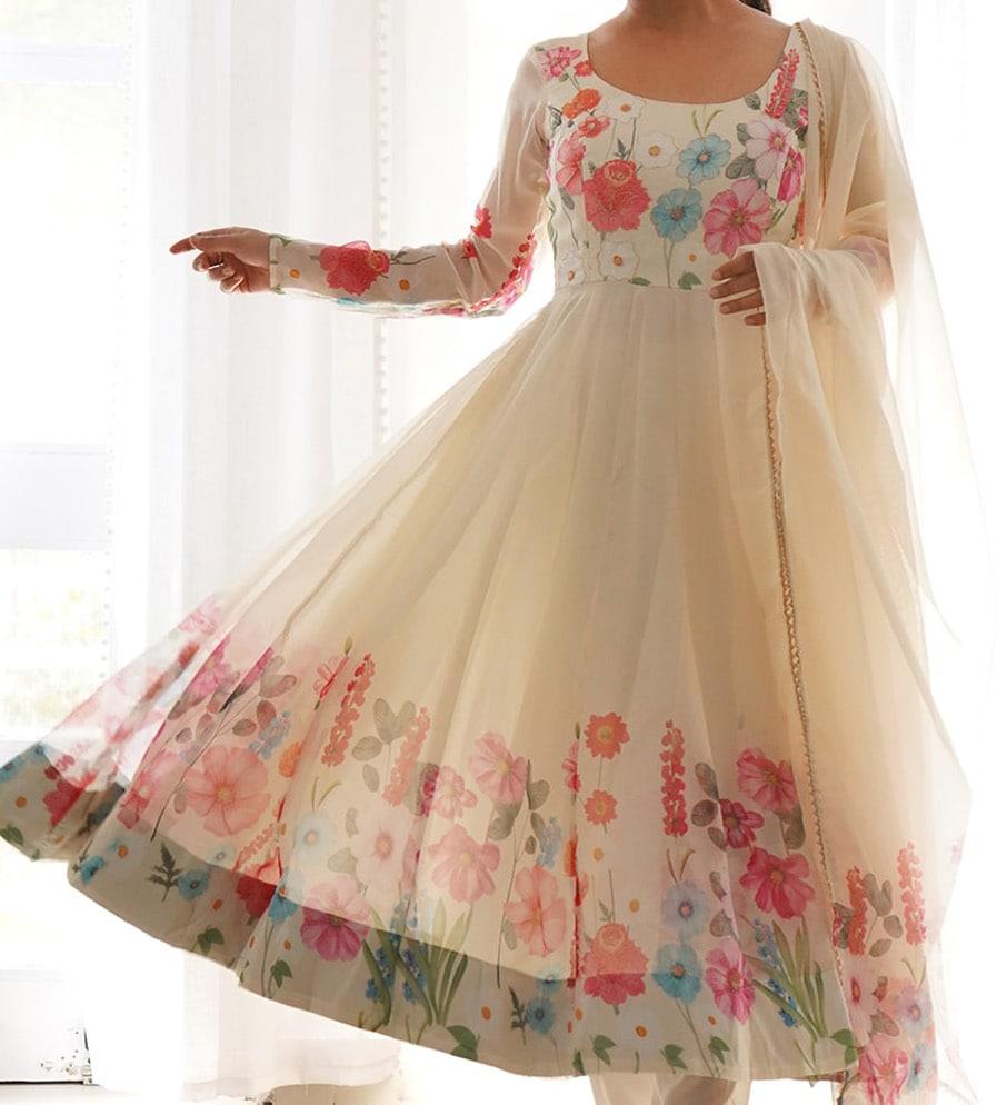 Cream silk Floral Printed anarkali suit with dupatta Cheap Sale View