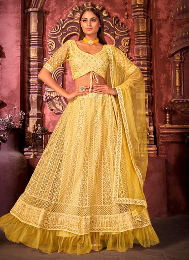 Youthful Net With Designer Work Yellow Color Lehenga Choli Pick A Best Cheap Pice