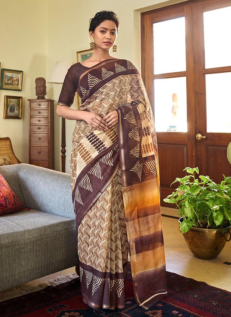 Low Cut Neck Digital Print Floral Brown Saree Clearance Extremely