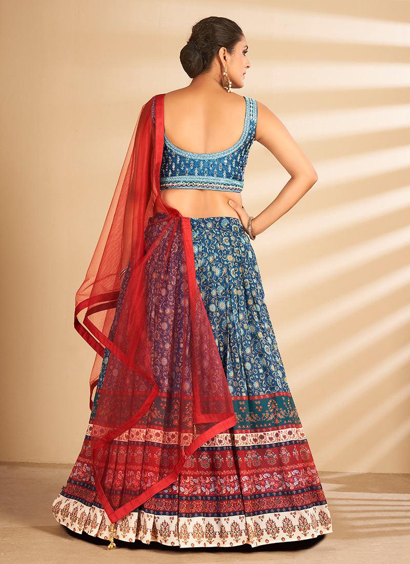 Fabulous Multi Color printed Lehenga With Sleeveless Mirror Work Blouse Supply Online