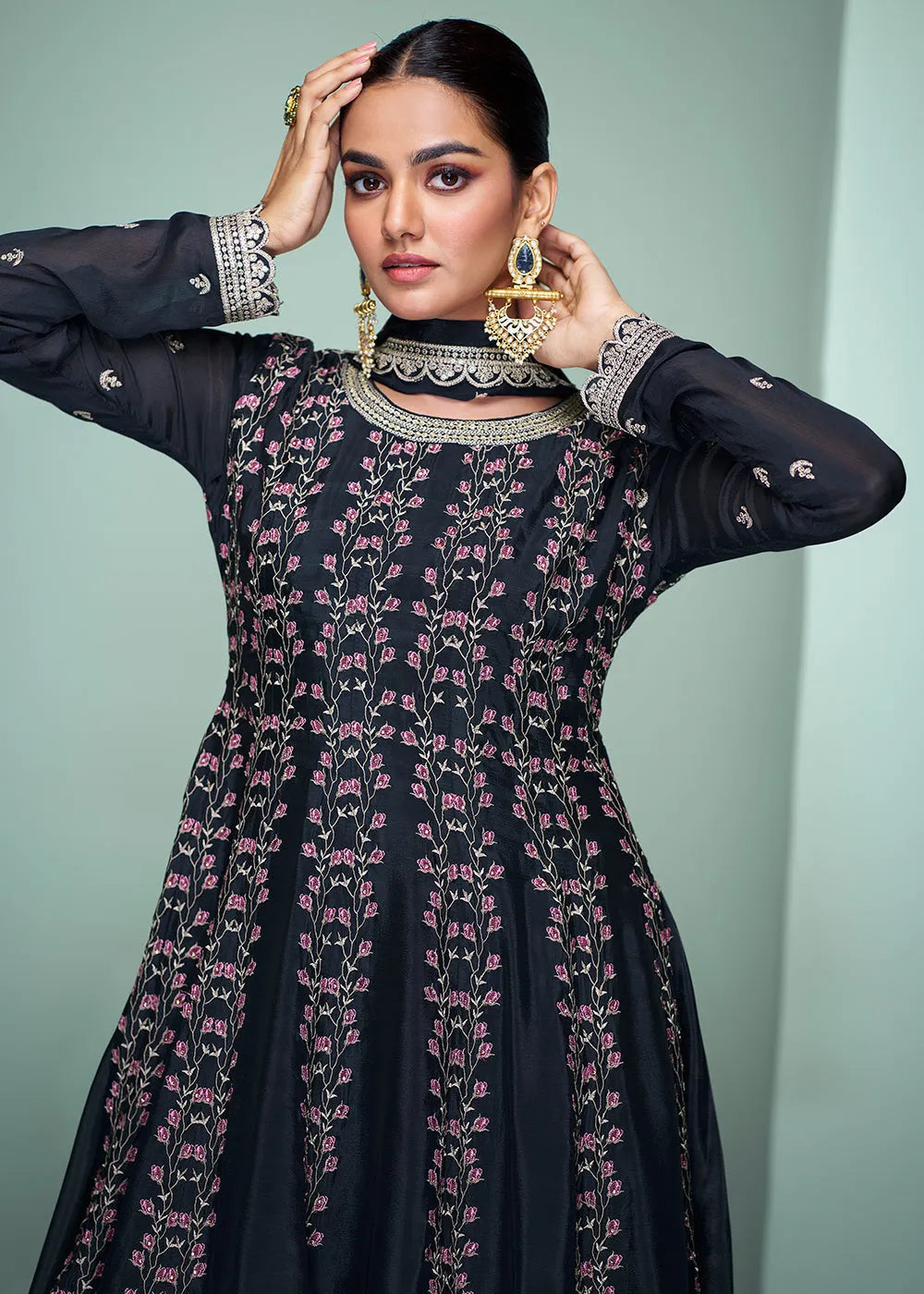 Enchanting Navy Blue Chinon Embroidered Palazzo Suit Fashionable For Sale