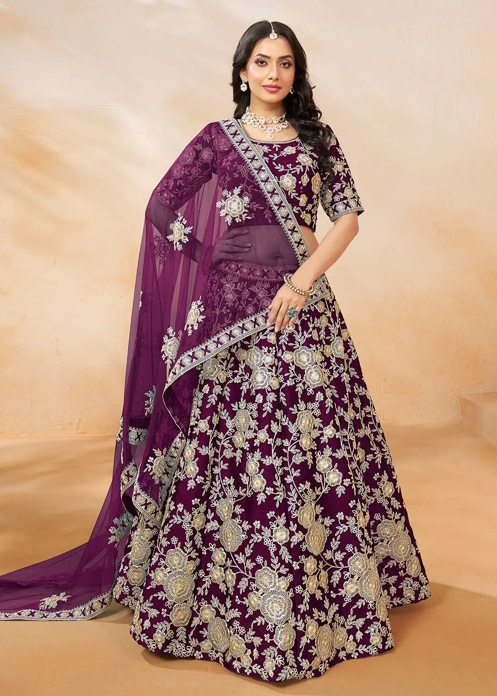 Stunning Plum Wine Embroidered Art Silk Lehenga Choli Footlocker Pictures Sale Online