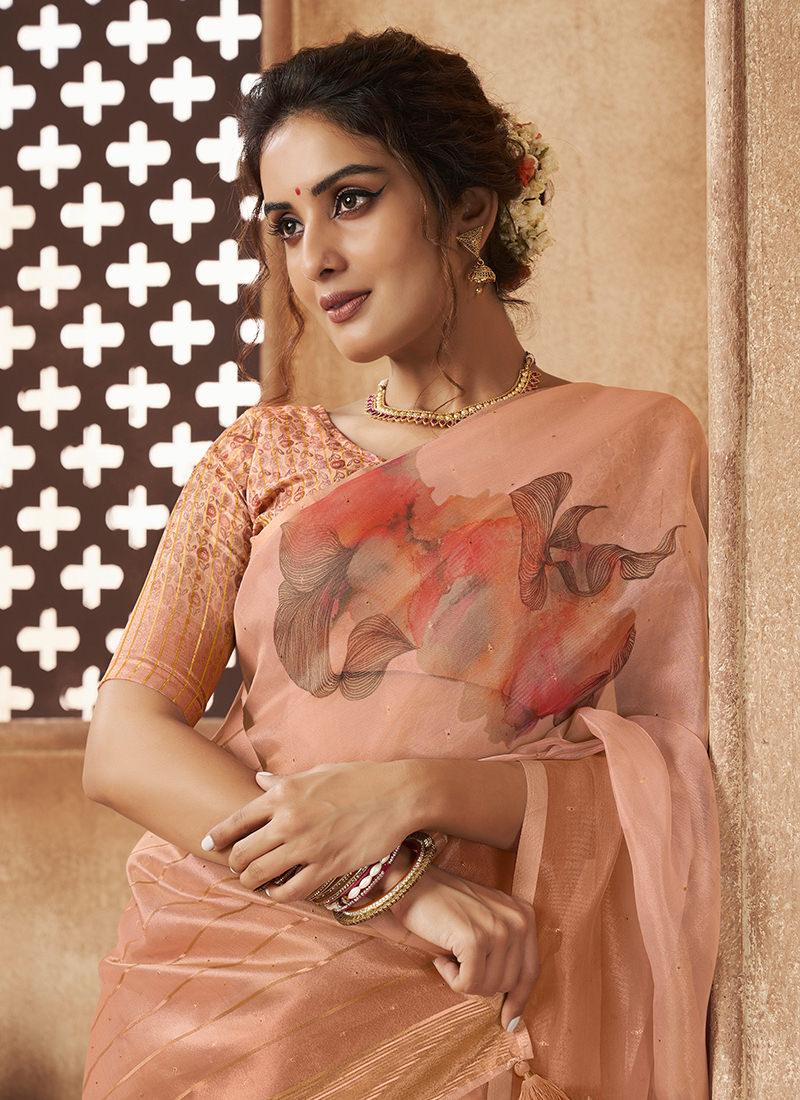 Organza Base Printed Peach Floral Saree Manchester