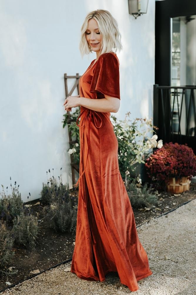 Meghan Velvet Wrap Maxi Dress | Rust Sale Footlocker