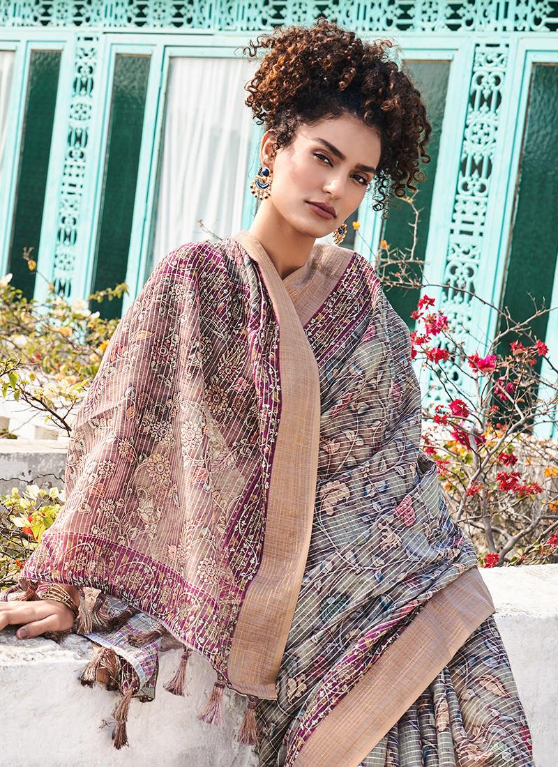 Linen Fabric Beige Printed Floral Saree Buy Cheap Best Wholesale