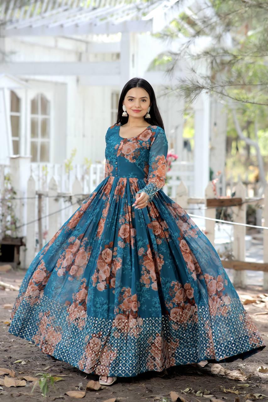 Beautiful Floral Zari Sequins Worked Gown With Dupatta Outlet Shop