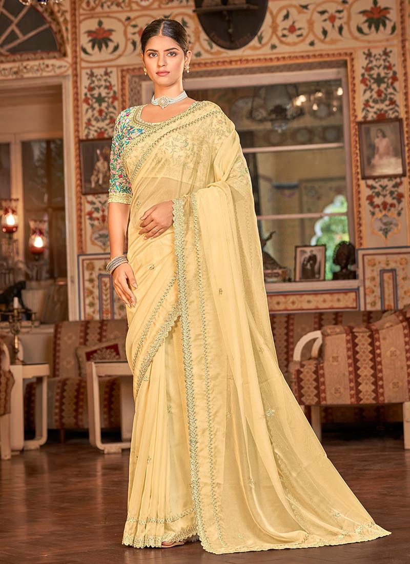 Thread Work Yellow Organza Saree Sale Cost