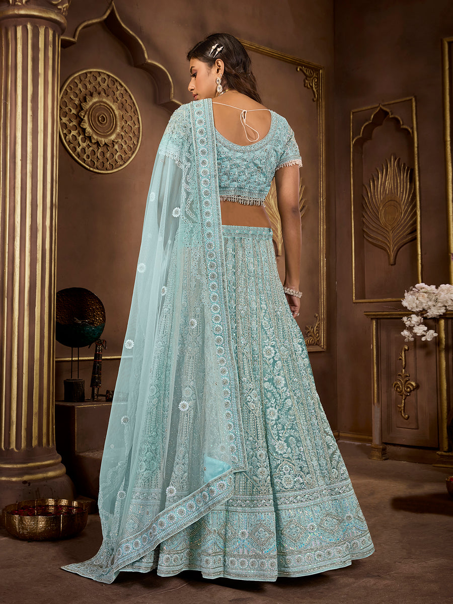 Heartwarming Sky Blue Premium Net Bridal Lehenga Choli Explore