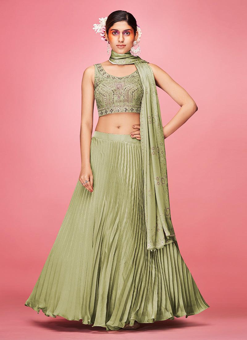 Olive Green Crushed Lehenga Choli With Dupatta Cheap Sale Low Cost