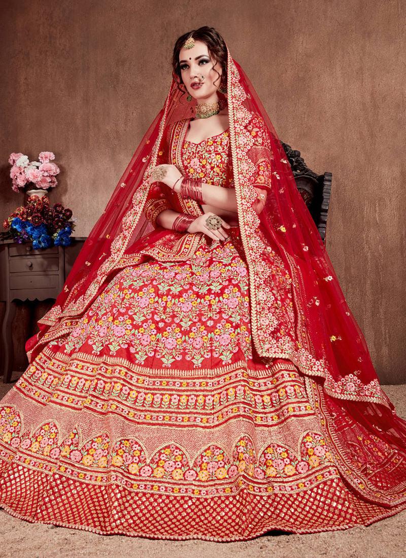 Splendid Red Colored Silk Bridal Designer Embroidered Lehenga Choli Manchester Great Sale Online